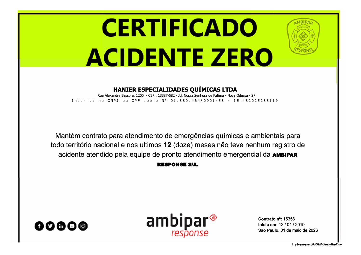 Certificado AMBIPAR Acidente Zero