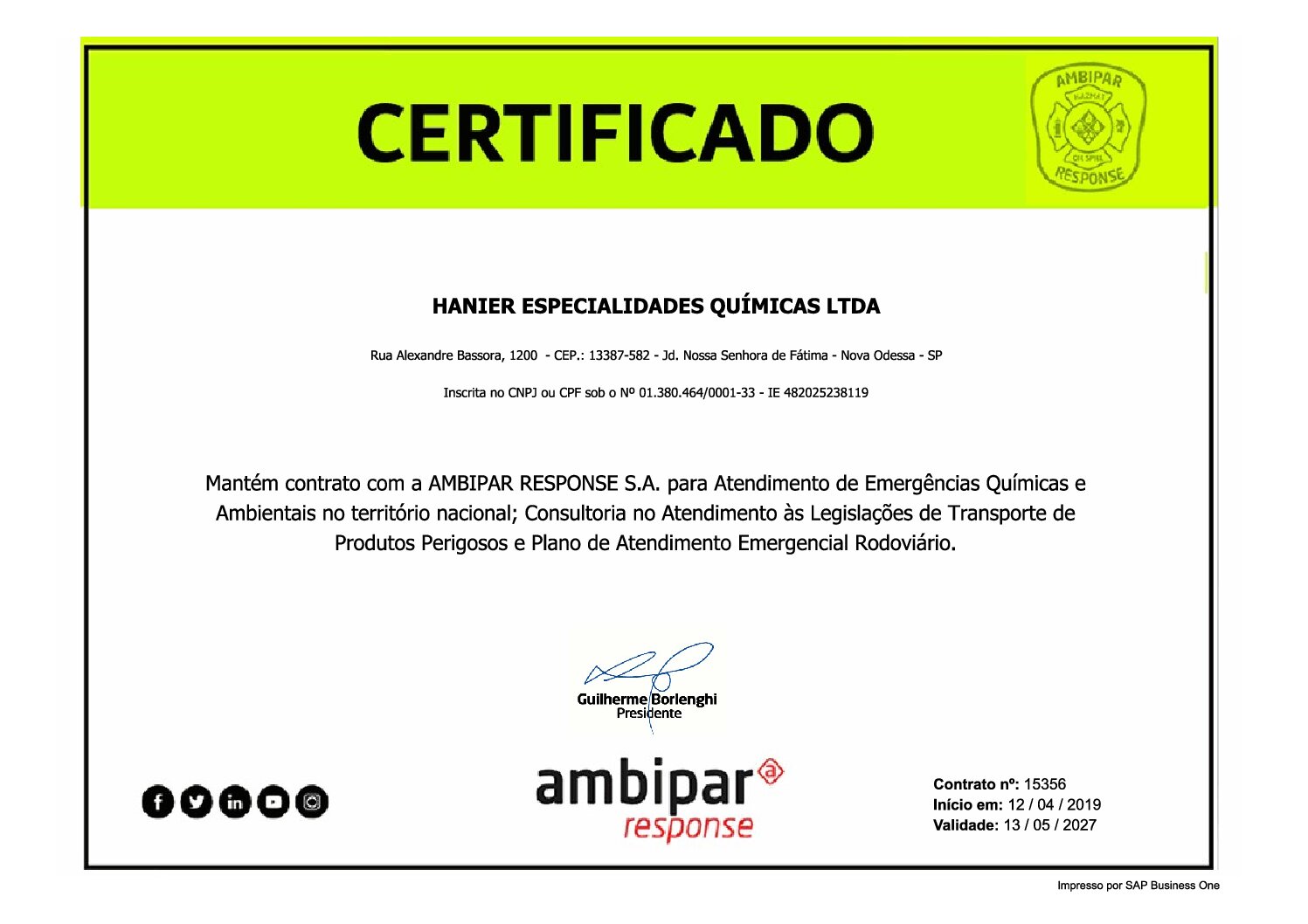 Certificado AMBIPAR Atendimento Emergência